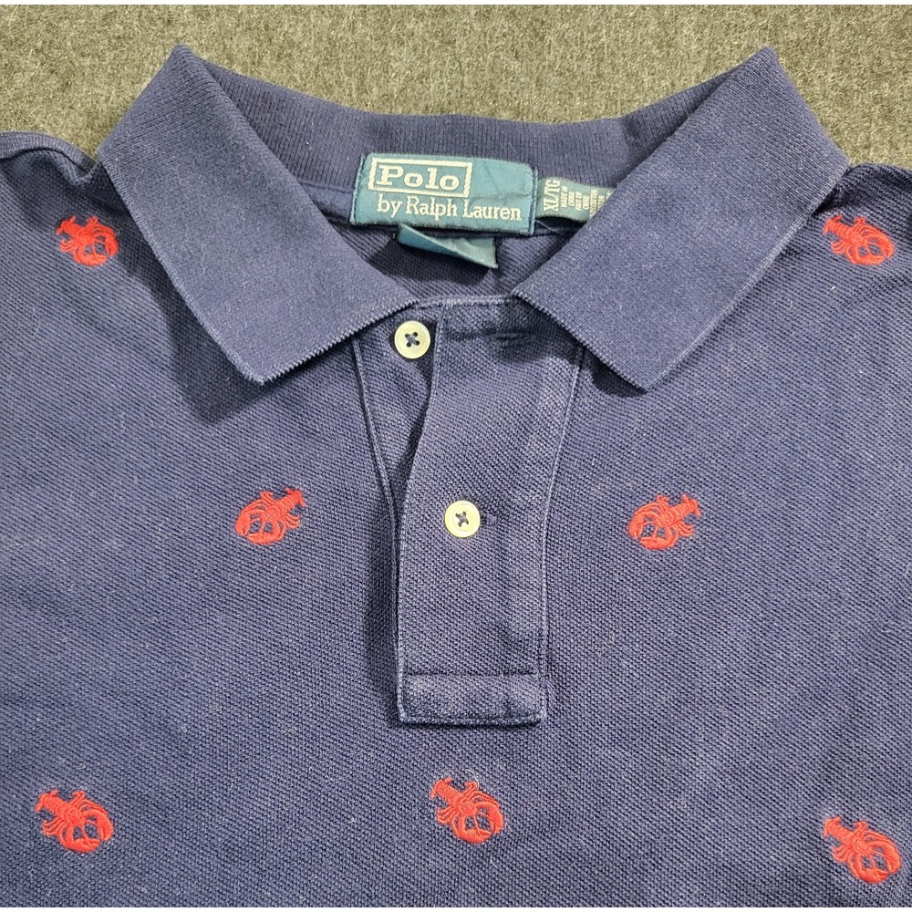 Polo Ralph Lauren Shirt Mens XL Navy Blue Custom Fit Polo Lobster Print Vntg 90s